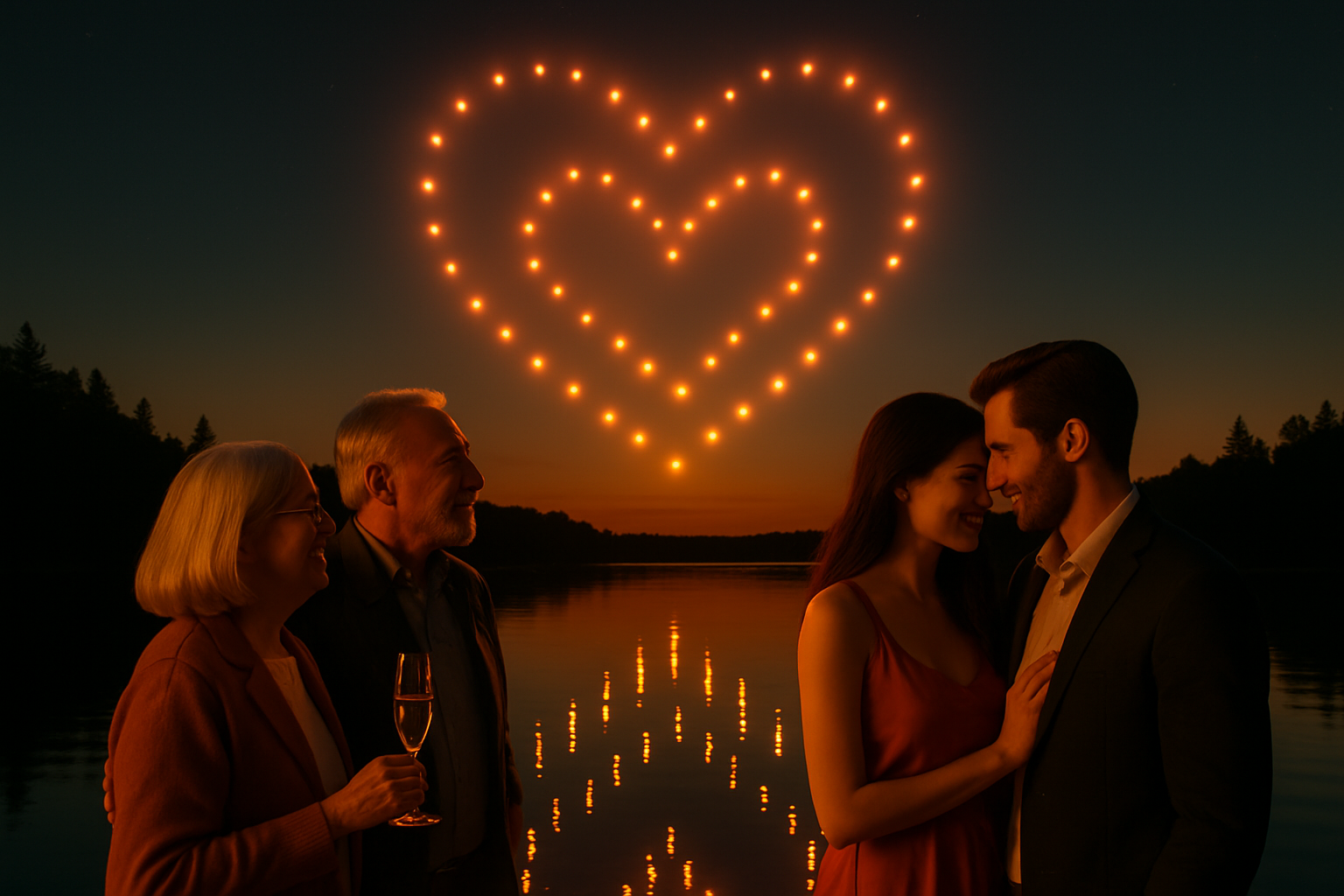 Herzförmige Drohnen-Lichtshow über einem See bei Sonnenuntergang, Menschen schauen staunend in den Himmel